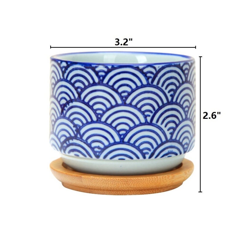 GeLive 3 Inch Ceramic Succulent Planter, Cactus Plant Pot, Flower Container with Bamboo Drip Tray, Indoor Outdoor, Set of 2 (Wave and Blue Flower) - Image 5